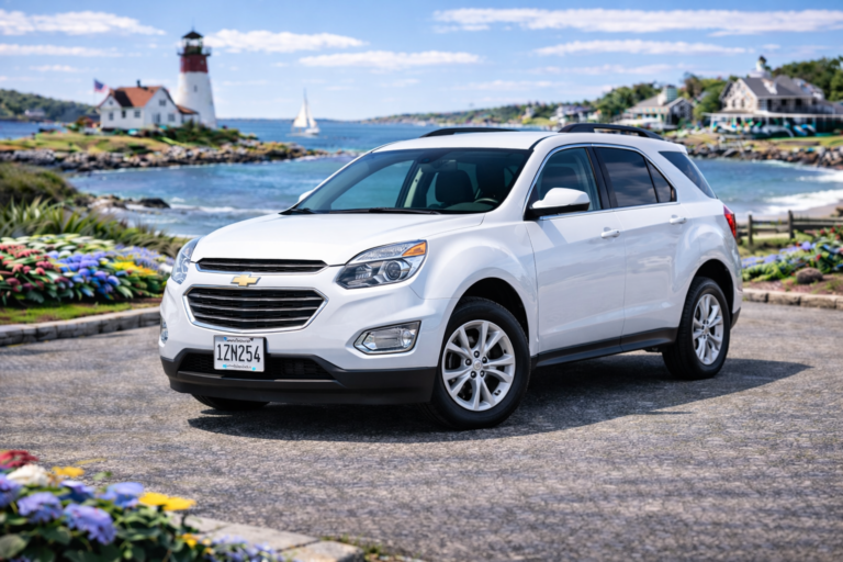 White Chevrolet Equinox rental from Vachon in Cranston, RI, shown with a lighthouse and coastal backdrop