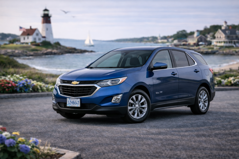 Blue Chevrolet Equinox rental from Vachon in Cranston, RI, shown with a lighthouse and coastal backdrop