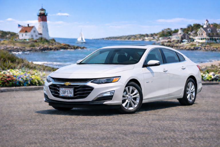White Chevrolet Malibu rental from Vachon in Cranston, RI, shown with a lighthouse and coastal backdrop