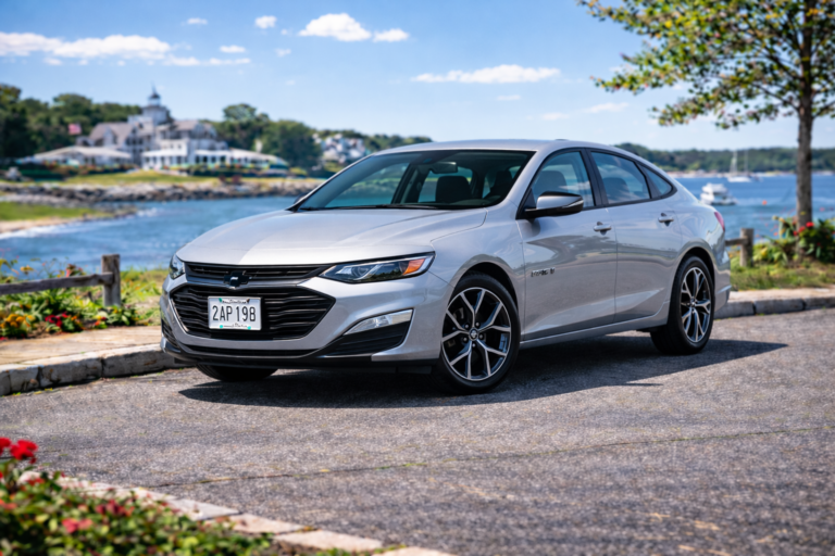Silver Chevrolet Malibu rental from Vachon in Cranston, RI, shown with a waterfront backdrop