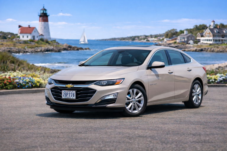 Beige Chevrolet Malibu rental from Vachon in Cranston, RI, shown with a lighthouse and coastal backdrop