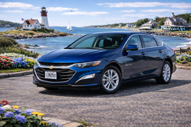 Blue Chevrolet Malibu rental from Vachon in Cranston, RI, shown with a lighthouse and coastal backdrop