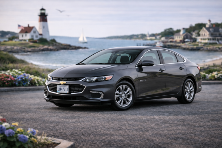 Gray Chevrolet Malibu rental from Vachon in Cranston, RI, shown with a lighthouse and coastal backdrop