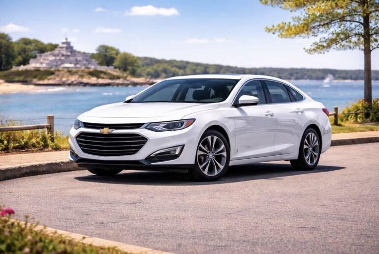 White Chevrolet Malibu rental from Vachon in Cranston, RI, shown with a waterfront backdrop