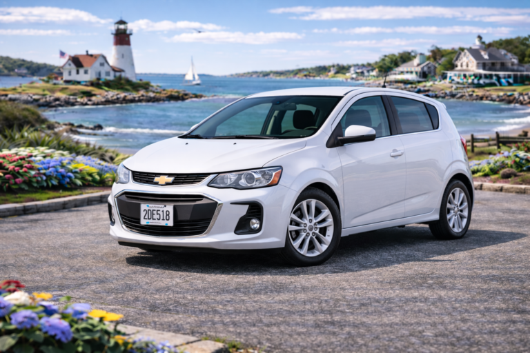 White Chevrolet Sonic rental from Vachon in Cranston, RI, shown with a lighthouse and coastal backdrop