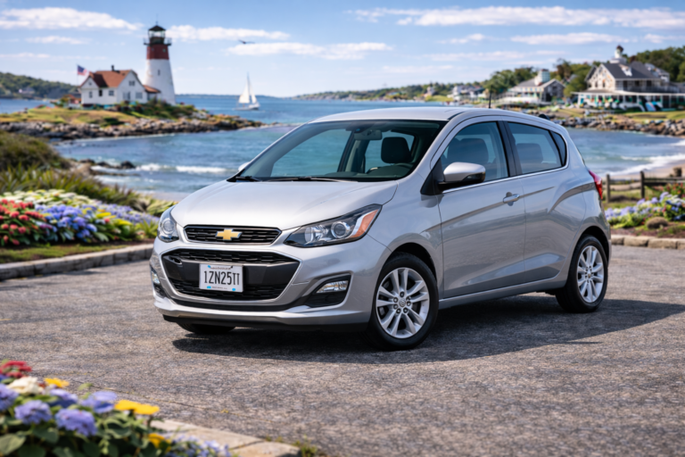 Silver Chevrolet Spark rental from Vachon in Cranston, RI, shown with a lighthouse and coastal backdrop
