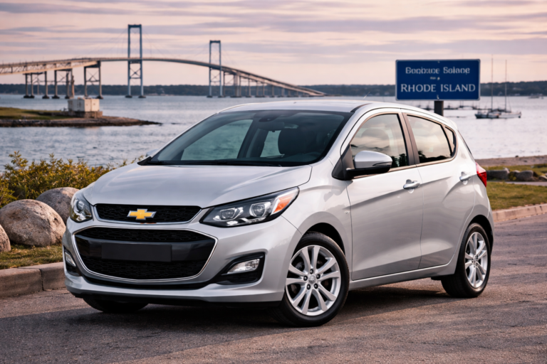 Silver Chevrolet Spark rental from Vachon in Cranston, RI, shown with a bridge and Rhode Island sign