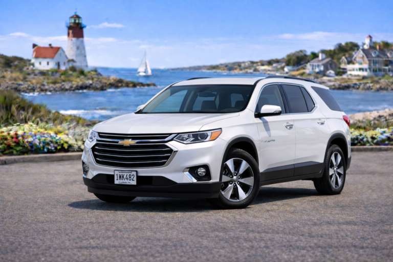 White Chevrolet Traverse rental from Vachon in Cranston, RI, shown with a lighthouse and coastal backdrop