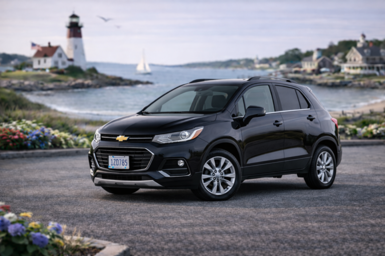 Black Chevrolet Trax rental from Vachon in Cranston, RI, shown with a lighthouse and coastal backdrop