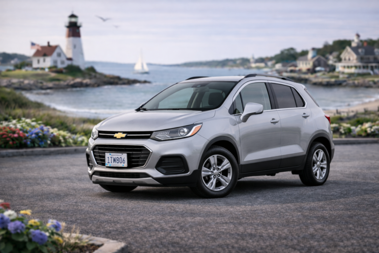 Silver Chevrolet Trax rental from Vachon in Cranston, RI, shown with a lighthouse and coastal backdrop