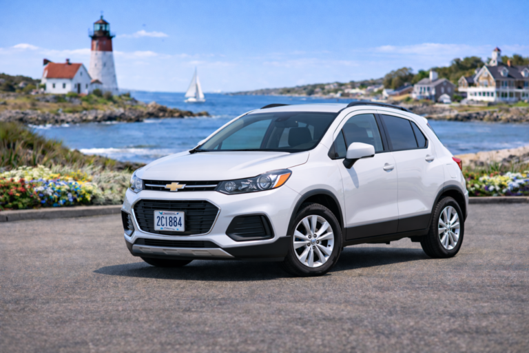 White Chevrolet Trax rental from Vachon in Cranston, RI, shown with a lighthouse and coastal backdrop