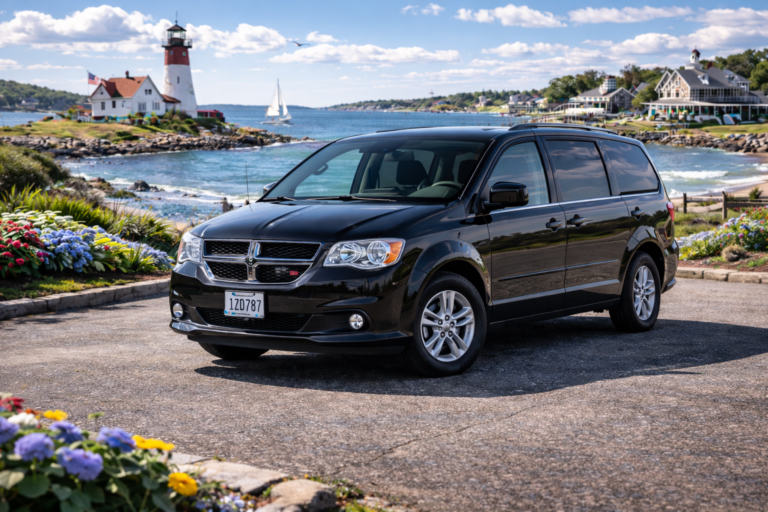 Black Dodge Caravan rental from Vachon in Cranston, RI, shown with a lighthouse and coastal backdrop