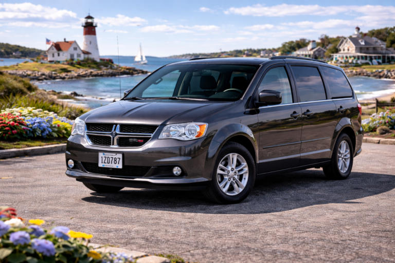 Gray Dodge Caravan rental from Vachon in Cranston, RI, shown with a lighthouse and coastal backdrop