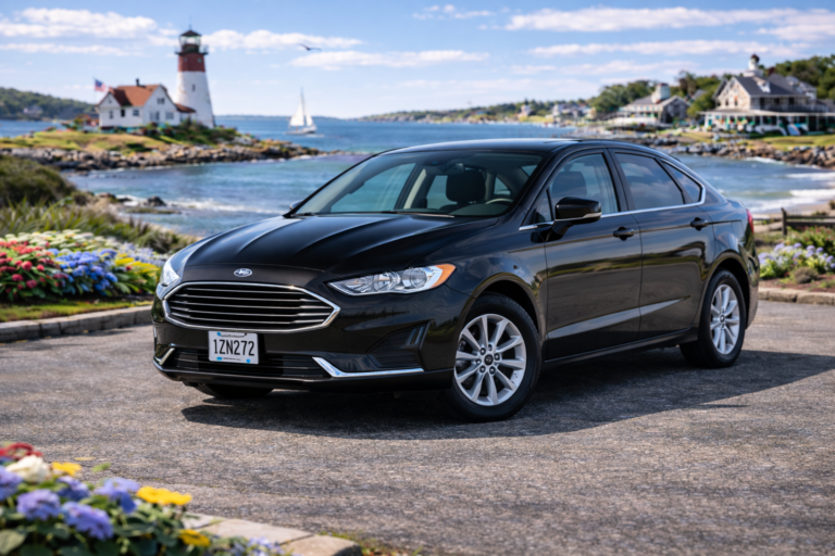 Black Ford Fusion rental from Vachon in Cranston, RI, shown with a lighthouse and coastal backdrop