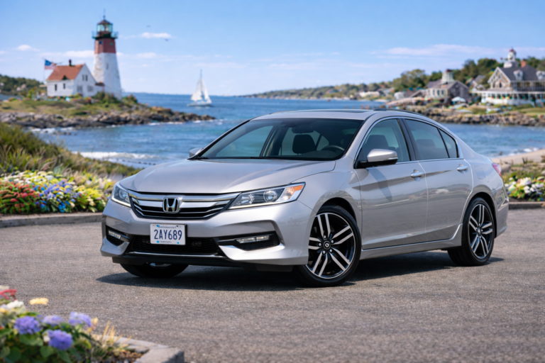 Silver Honda Accord rental from Vachon in Cranston, RI, shown with a lighthouse and coastal backdrop