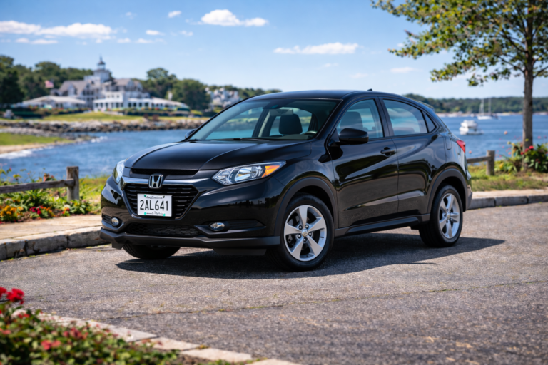 Black Honda HR-V rental from Vachon in Cranston, RI, shown with a waterfront backdrop