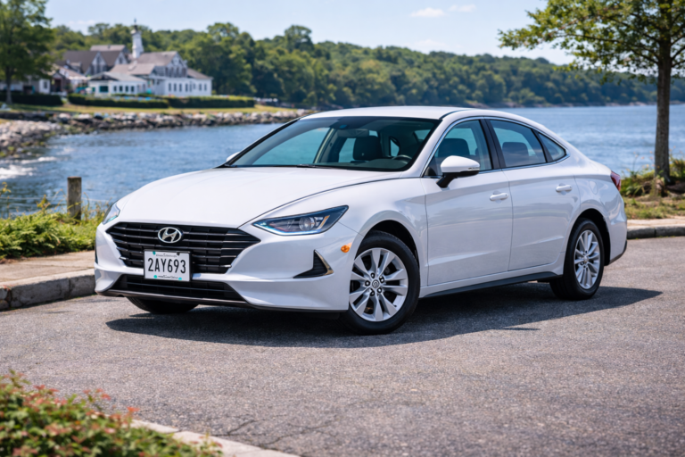 White Hyundai Sonata rental from Vachon in Cranston, RI, shown with a waterfront backdrop