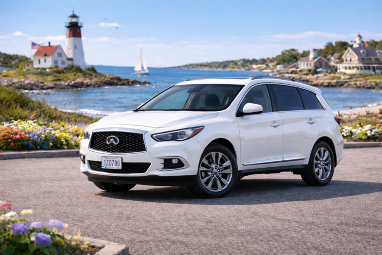 White Infiniti QX60 rental from Vachon in Cranston, RI, shown with a lighthouse and coastal backdrop