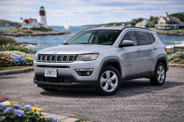Silver Jeep Compass rental from Vachon in Cranston, RI, shown with a lighthouse and coastal backdrop