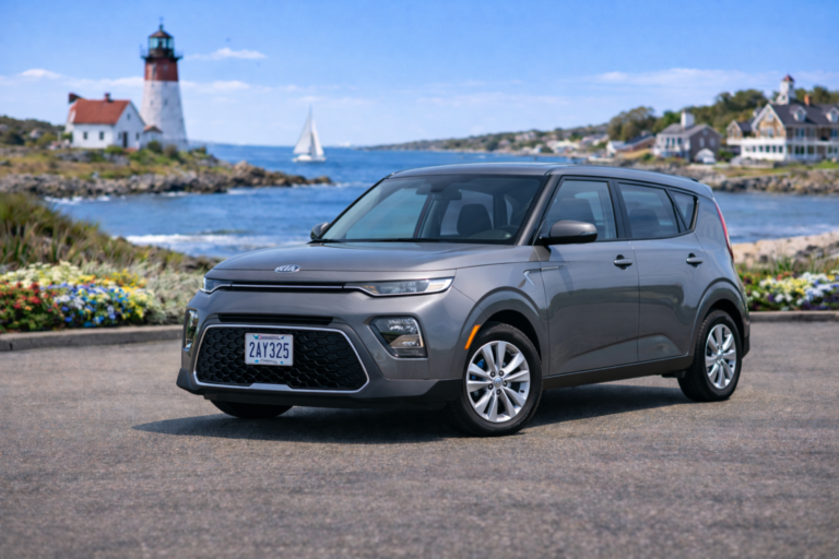 Gray Kia Soul rental from Vachon in Cranston, RI, shown with a lighthouse and coastal backdrop