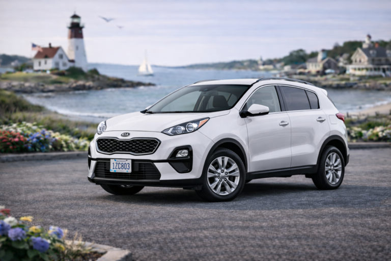 White Kia Sportage rental from Vachon in Cranston, RI, shown with a lighthouse and coastal backdrop