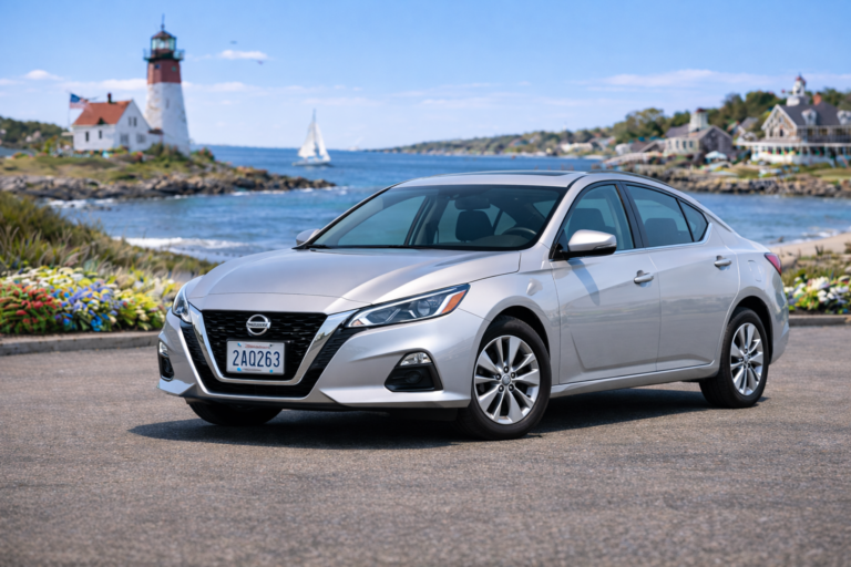 Silver Nissan Altima rental from Vachon in Cranston, RI, shown with a lighthouse and coastal backdrop