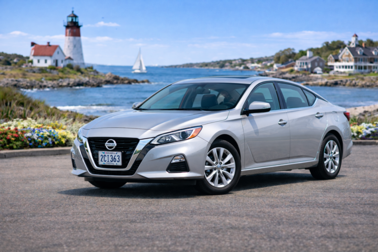 Silver Nissan Altima rental from Vachon in Cranston, RI, shown with a lighthouse and coastal backdrop