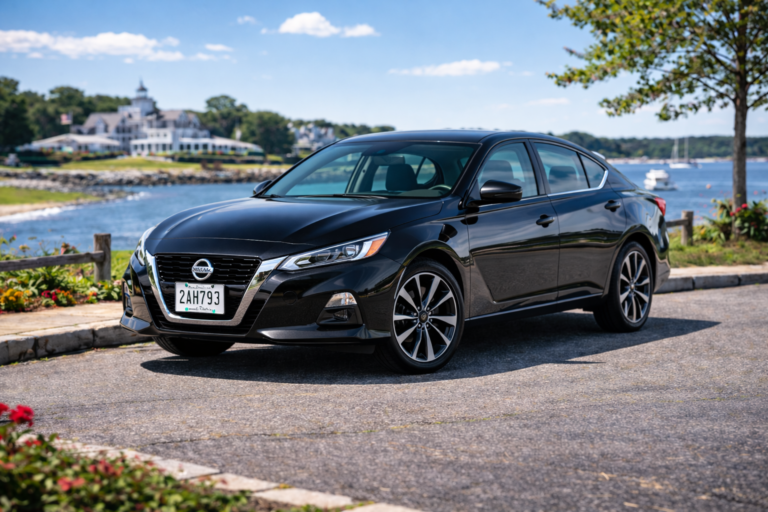 Black Nissan Altima rental from Vachon in Cranston, RI, shown with a waterfront backdrop
