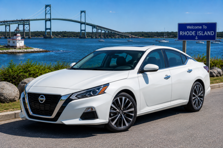 White Nissan Altima rental from Vachon in Cranston, RI, shown with a bridge and Rhode Island sign