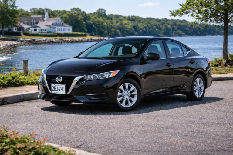 Black Nissan Sentra rental from Vachon in Cranston, RI, shown with a waterfront backdrop