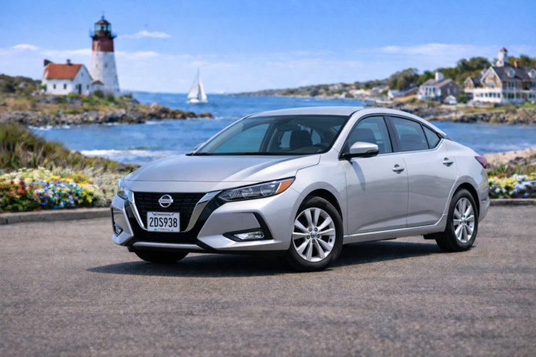 Silver Nissan Sentra rental from Vachon in Cranston, RI, shown with a lighthouse and coastal backdrop
