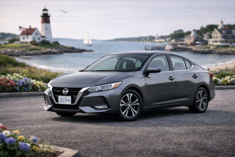 Gray Nissan Sentra rental from Vachon in Cranston, RI, shown with a lighthouse and coastal backdrop
