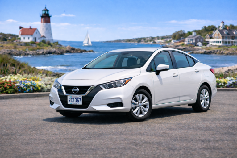 White Nissan Versa rental from Vachon in Cranston, RI, shown with a lighthouse and coastal backdrop