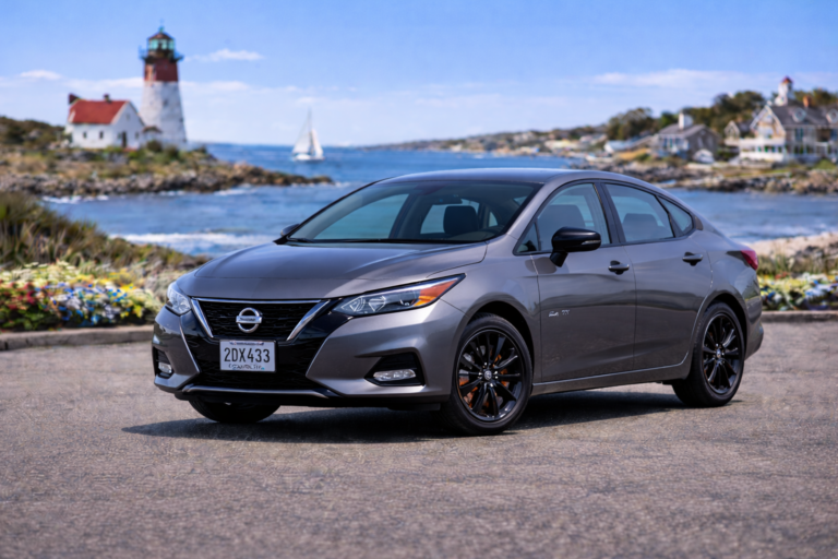 Gray Nissan Versa rental from Vachon in Cranston, RI, shown with a lighthouse and coastal backdrop