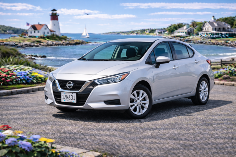 White Nissan Versa rental from Vachon in Cranston, RI, shown with a lighthouse and coastal backdrop