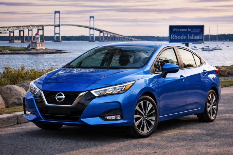 Blue Nissan Versa rental from Vachon in Cranston, RI, shown with a bridge and Rhode Island sign