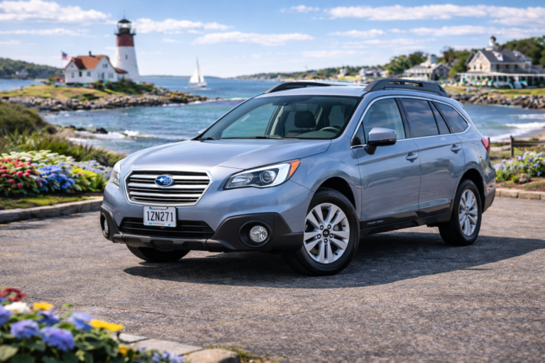 Silver Subaru Outback rental from Vachon in Cranston, RI, shown with a lighthouse and coastal backdrop