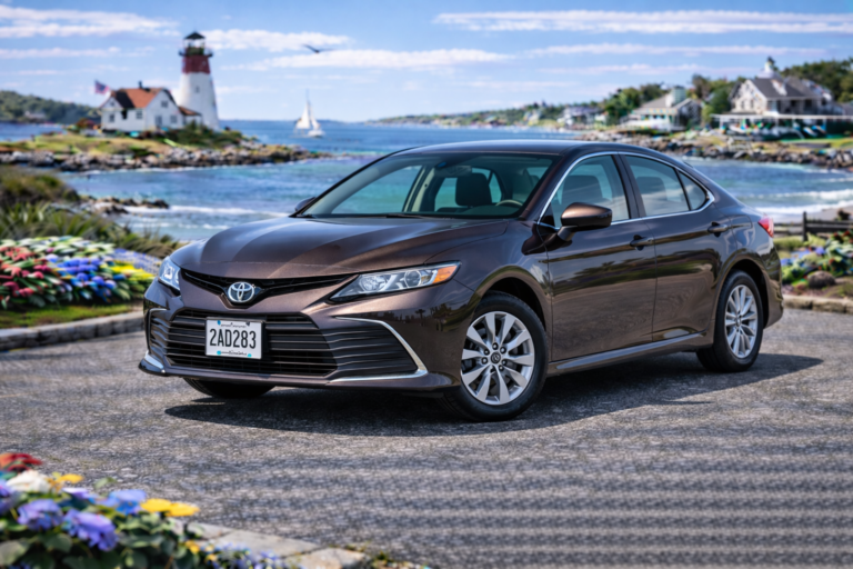 Brown Toyota Camry rental from Vachon in Cranston, RI, shown with a lighthouse and coastal backdrop