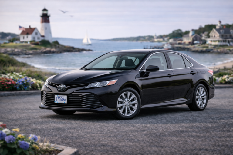 Black Toyota Camry rental from Vachon in Cranston, RI, shown with a lighthouse and coastal backdrop