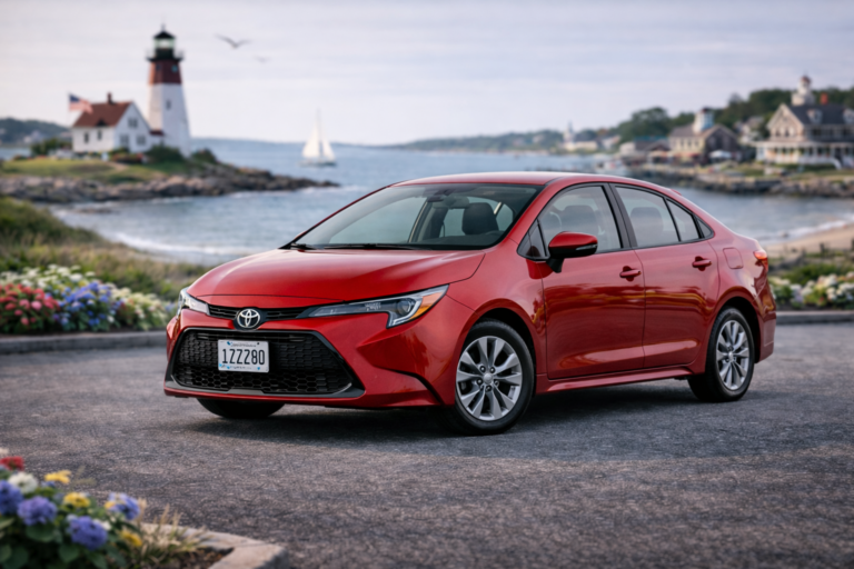 Red Toyota Corolla rental from Vachon in Cranston, RI, shown with a lighthouse and coastal backdrop