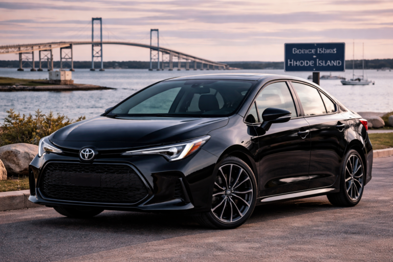 Black Toyota Corolla rental from Vachon in Cranston, RI, shown with a bridge and Rhode Island sign