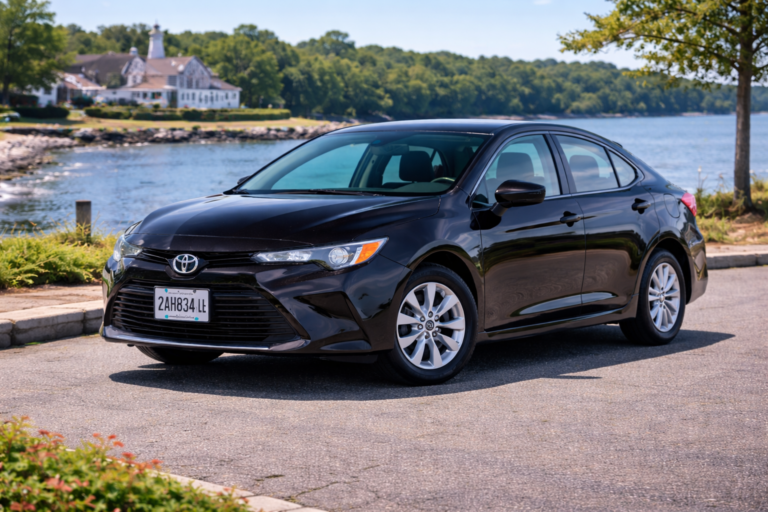 Black Toyota Corolla rental from Vachon in Cranston, RI, shown with a waterfront backdrop