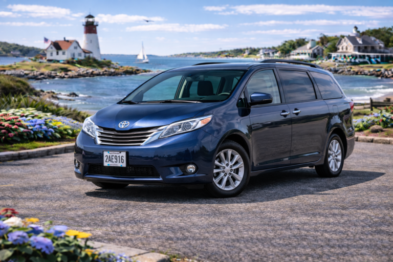 Dark blue Toyota Sienna rental from Vachon in Cranston, RI, shown with a lighthouse and coastal backdrop
